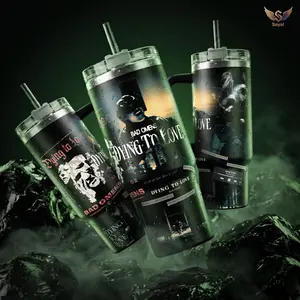Dying To Love Bad Omens 40 oz Vacuum Insulated Tumbler with Handle & Straw Dark Blue Yellow Band Photo Graphic Keeps Drinks Hot/Cold 12H+ 18/8 Stainless Steel Travel Mug for Metal Fans Alternative Music Lovers Dark Aesthetic Merch Gift
