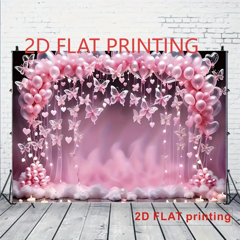 1pc Soft Fabric Polyester Party Backdrop - 2D Flat Printing, Pink Theme with Balloons, Heart String Lights, Clouds, White Accents, Photography Prop for Birthday, Cake Smash Party Supplies, Glam Look, Party Props