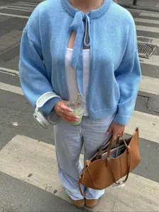 Women's Casual Solid Color Tie Shoulder Cardigan, Long Sleeve Drop Shoulder Sweater, Fall & Winter Fashion, Ladies Knitwear