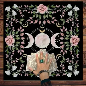 Triple Moon Mystical Floral Pattern Tarot Tablecloth, Tarot Card Witch Astrology Divination Board Tablecloth, Gift Packaging Supplies for Tarot Lovers, Halloween