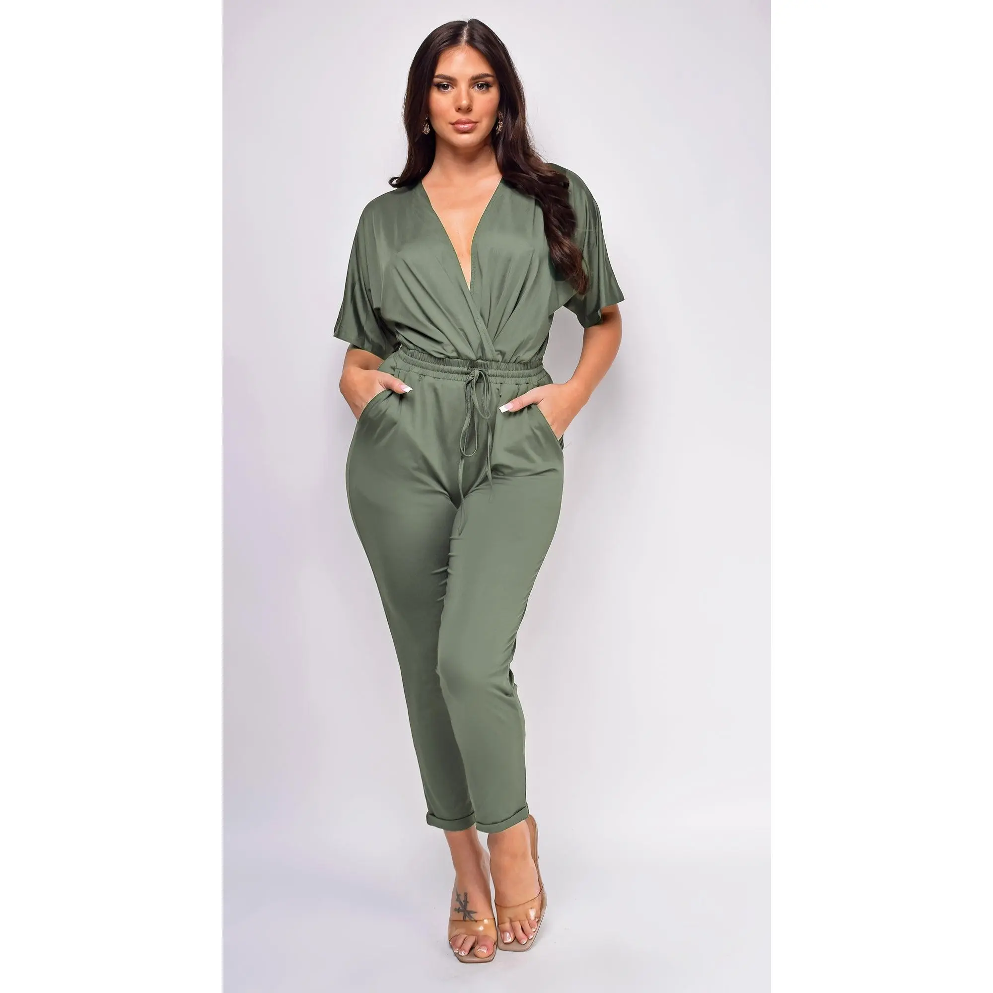 Lia Olive Green V Neck Jumpsuit