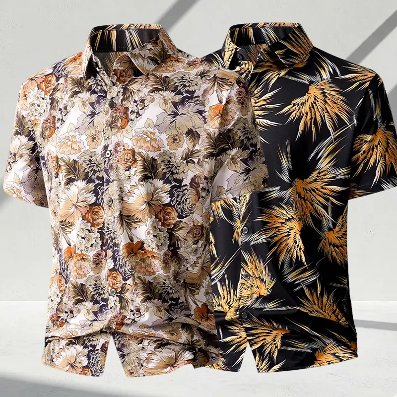Men’s two-piece set: lightweight short-sleeve Hawaiian-style floral shirt for summer; youthful, trendy vacation vibe; casual loose-fit shirt jacket for couples; suitable for seaside beach vacations, party wear, and home leisure. vintage, Tropical, Menswea