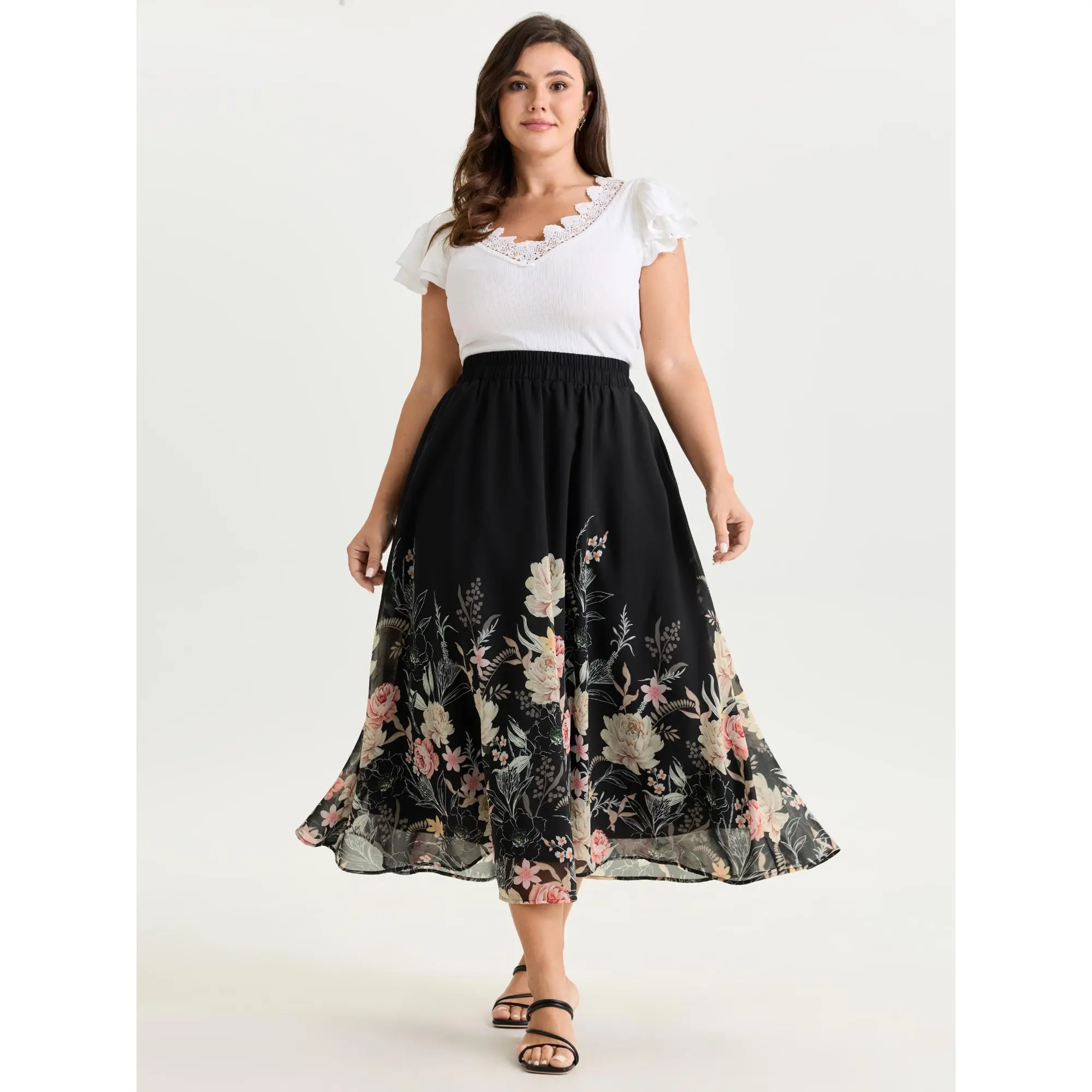 BLOOMCHIC Women's Plus Size Floral Print Flowy Midi Skirt - Smooth Polyester Fabric, Pocket, Size M-6X, 2026 Summer Womenswear Bottoms, Maxi Length, Multi-Size