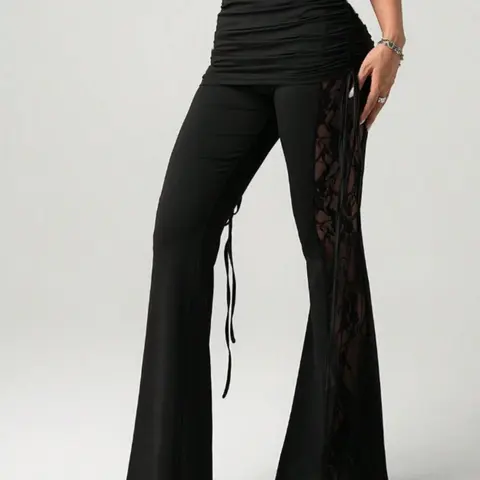 Women's Beach Vacation Sexy Lace Drawstring Bell Bottom Flare Leg Pants, Stylish and Comfortable Fashion Wear