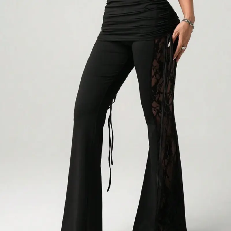 Women's Beach Vacation Sexy Lace Drawstring Bell Bottom Flare Leg Pants, Stylish and Comfortable Fashion Wear