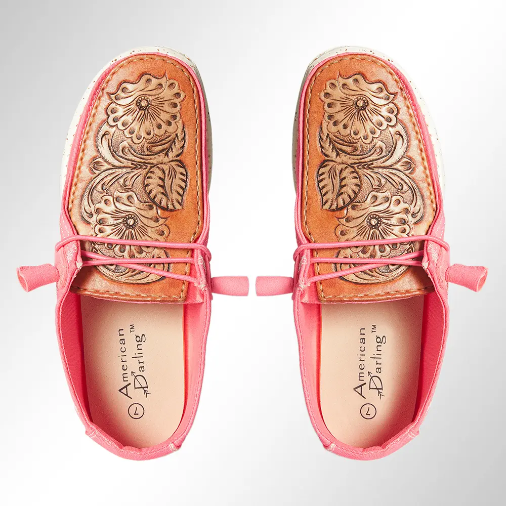 American Darling Hand tooled, carved genuine leather trim lightweight shoe footwear, slip on| Tooled Footwear
