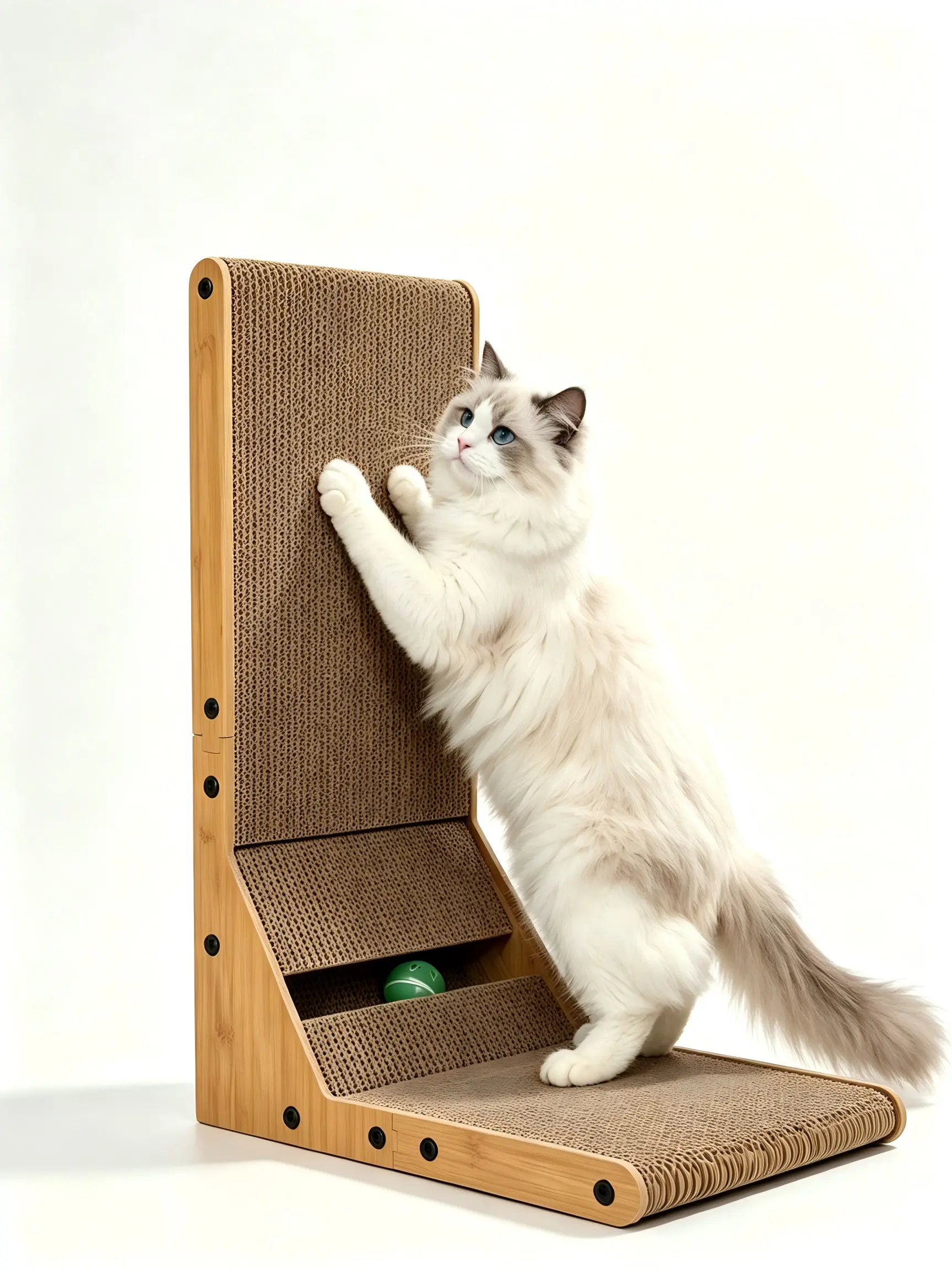 Cardboard Cat Scratcher, 23.6-in L-Shape Striped Modern Scratch Pad, Double-Sided 3-in-1 Vertical Extra Thick, 3.1 Lbs with Bell Ball Toy, Reduces Damage for Indoor Large Cats, Natural Brown