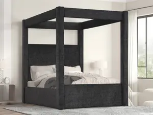 B03-BK Black Fabric Upholstered Queen Canopy Bed Frame Set - Sleek Modern Design for Cozy Comfort - 72"W x 91"D x 87"H