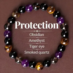 Amethyst Obsidian Smoked Quartz Bracelet – 8mm Natural Stone Beaded Bracelet for Women, Protection & Grounding Jewelry, Black & Gold Elastic Band, Daily Wear, Meaningful Gift