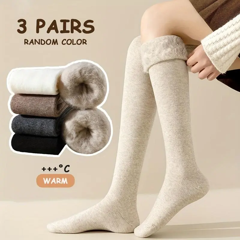 Women's Lady 3-Pairs Plain Over-the-Calf Ribbed Cuff Thermal Socks - Thick Heavy Leg Warmers for Extreme Cold Winter, Business & Everyday Use (Beige, Black, Gray, Random Color Option)
