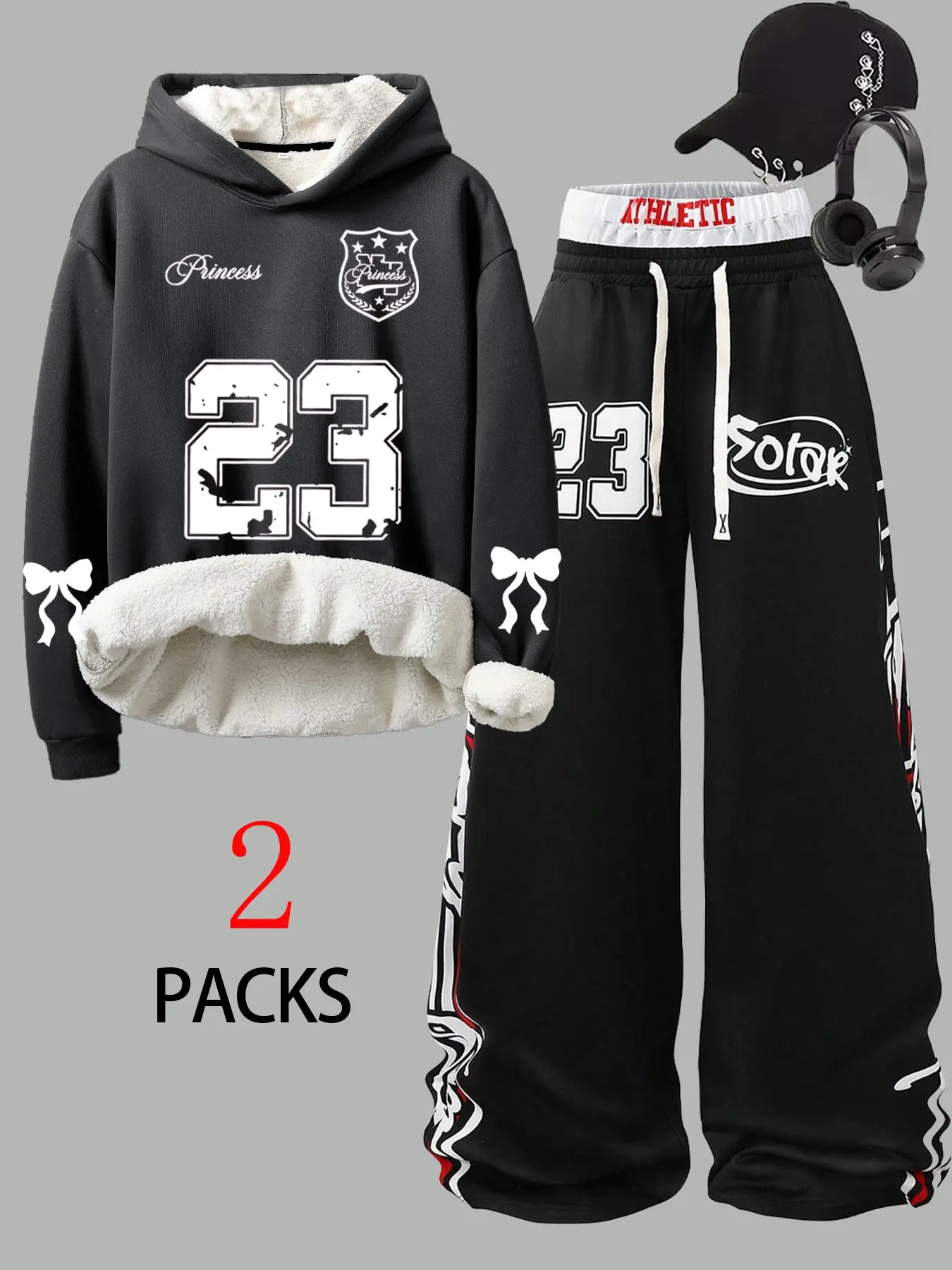 Women's Casual Loose-Fitting Sweatsuit Set, Fleece-Lined Hoodie & Trendy Wide Leg Pants, Butterfly Pattern, Fall Winter