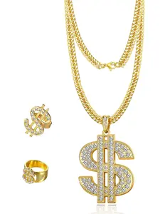 Hip Hop Dollar Sign Design Pendant Necklace & Ring, Fashion Jewelry for Party, Daily Clothing Decor, Trendy All-match & Exquisite Jewelry for Birthday Gift, Chain Set, Chunky Jewelry Set, Costume Jewelry Sets, Fashionable Jewelry Set, Chains Set