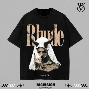 Rhude Hellfire Oversized Washed Tee | Vintage Washed Streetwear Shirt | Gothic Devil Aesthetic Top | Unisex Heavyweight Cotton Tee | Dark Religious Art Print | Retro Grunge Urban Style | Washed Black Oversized Fit | Hellfire & Chill Graphic Tee