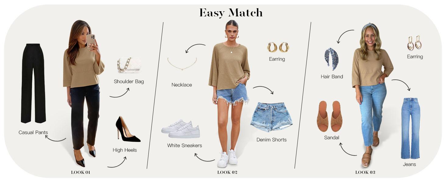 Imily Bela Womens Spring Summer 3/4 Batwing Sleeve Tops Casual Loose Fit Crewneck Shirts Cute Flowy Trendy Tees Blouse