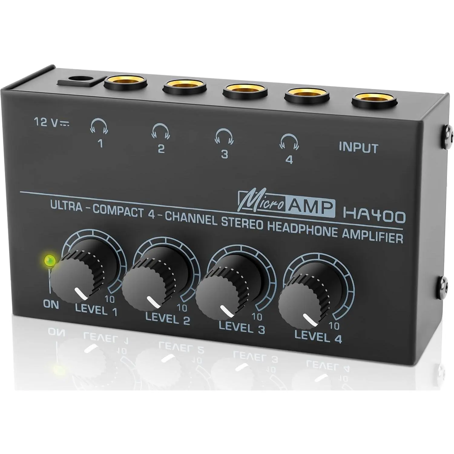 HA400 Headphone Amplifier -4  Metal Stereo Audio Amplifier, Mini Earphone Audio Amplifier with 12V 1A Power Adapter, 1/4" TRS Headphones Output and TRS Audio Input for PC Guitar Studio Stage