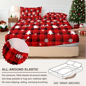 Christmas Plaid Print Single Bed Sheet Set, Festive Holiday Decor, Soft Polyester Fabric, Easy Care &