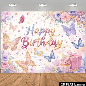 Polyester 2D Flat Colorful Star-Themed Dreamy Birthday Backdrop Banner - Gradient "Happy Birthday" Text Surrounded by Pink, Purple and Golden Glitter