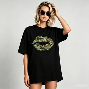 Women's Fashion Round Neck Shortsleeve Cotton T-Shirt - Camouflage Lips Print, Regular Fit Knit Polyester Casual Pullover, Black