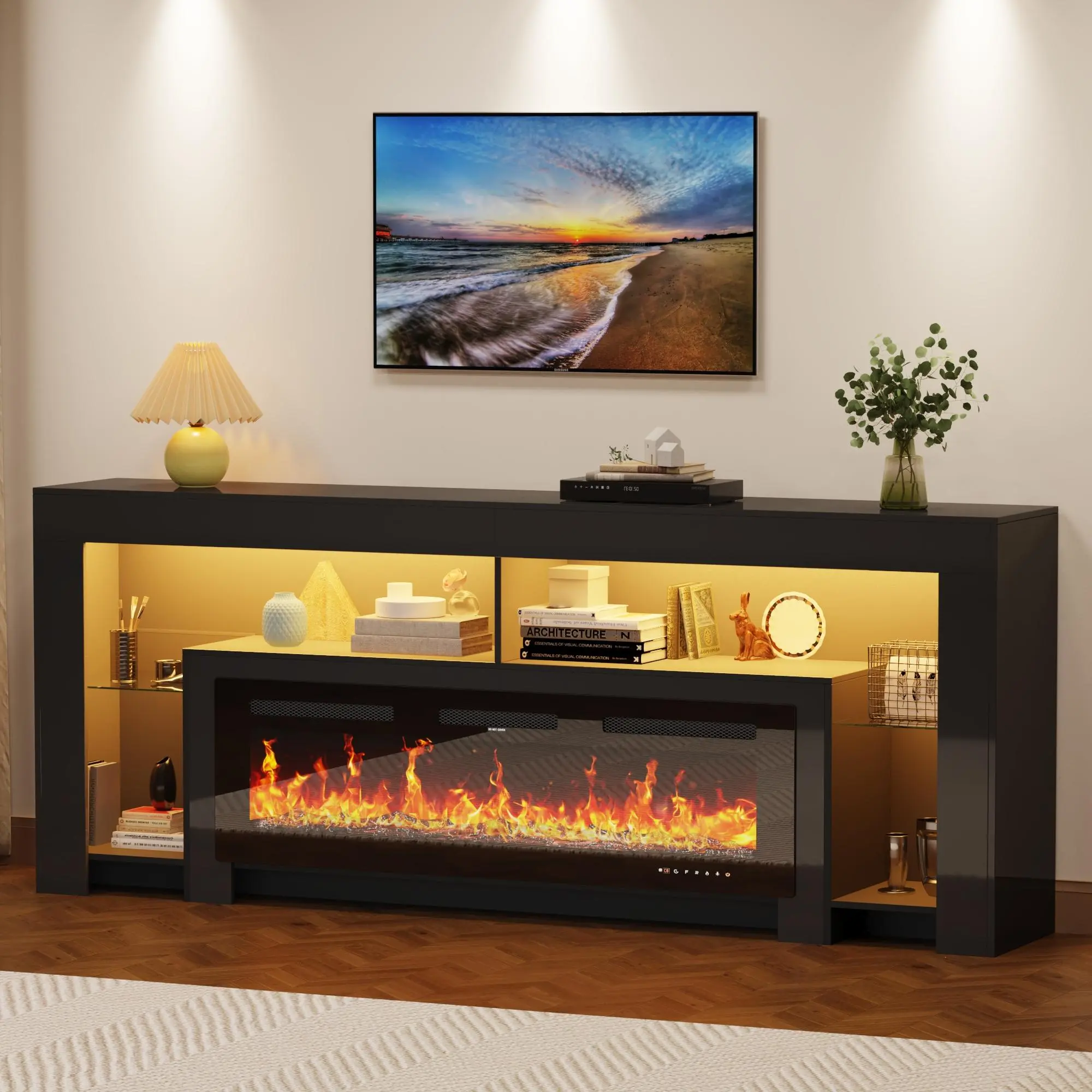 【2Packages Shipping】82"/94.5" Modern High Gloss Fireplace TV Stand with 50" Fireplace, Entertainment Center with Electronic Flame and LED Lights, TV Console Cabinet, White,Black