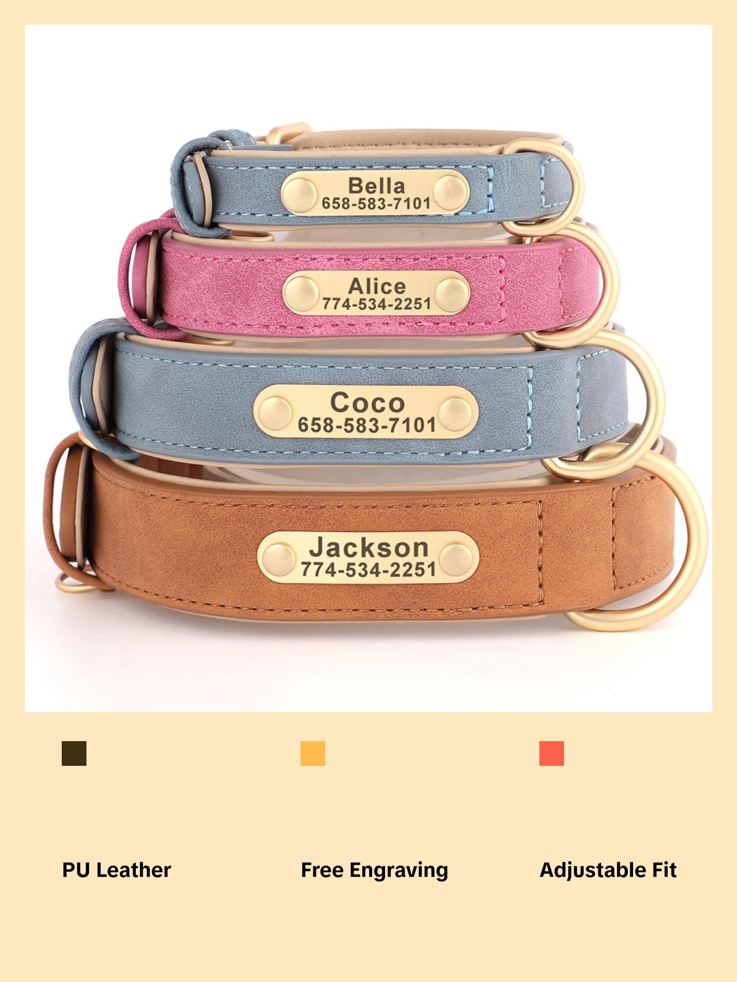 New Soft Padded Personalized PU Leather Dog Collar with Free Engraved ID Tag for Small, Medium and Large Dogs - Ideal for Pugs a