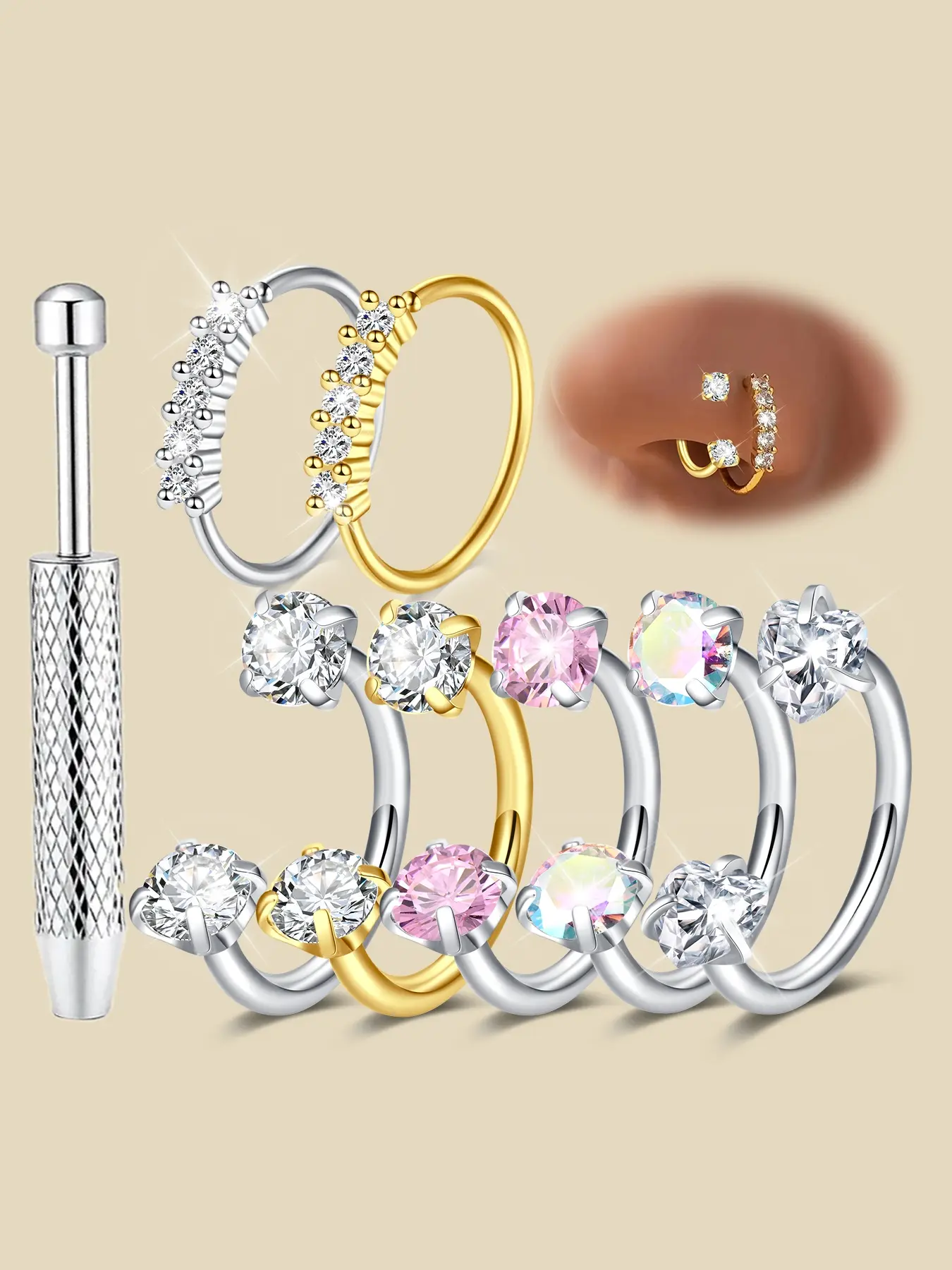 18G horseshoe nose ring for women, cubic zirconia heart-shaped nose ring, stainless steel tragus cartilage earrings, ear helix jewelry, double gemstone nose piercing jewelry, Rhinestone Nose Ring, Body Jewelry