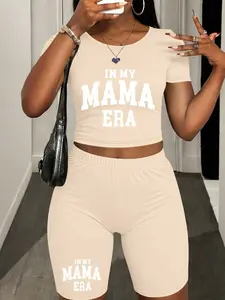 Letter print Two-Piece Set Natural Waist Fitted Women's Lip Print Short Sleeve Crop Top & Skinny Jumpsuit, Casual Fashion Fit Cozy Round Neck Tee & Jumpsuit for Daily Outdoor Wear, Ladies Clothes for Spring, Overalls, Womenswear