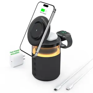 BLKE 5-in-1 Wireless Charging Station with Bluetooth Speaker Night Light 360° Stereo Sound MagSafe Fast Charger & Phone Stand  (Plug-In Required, Not a Power Bank) 33W Adapter Included Compatible with iPhone 17/16/15/14/13 Series & Earbuds & Apple Watch