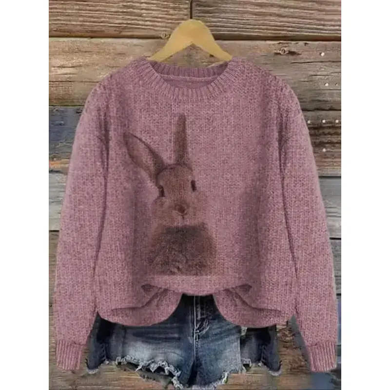 Women's Rabbit Print Drop Shoulder Crew Neck Sweater, Casual Chic Long Sleeve Round Neck Jumper for Fall & Winter, Fashion Ladies' Knitwear for Daily Wear, Women's Clothing, Sweaters for Women, Cute Tops, Knit Pullover Tops Women's Rabbit Print Drop Shoulder Crew Neck Sweater, Casual Chic Long Sleeve Round Neck Jumper for Fall & Winter, Fashion Ladies' Knitwear for Daily Wear, Women's Clothing, Sweaters for Women, Cute Tops, Knit Pullover Tops
