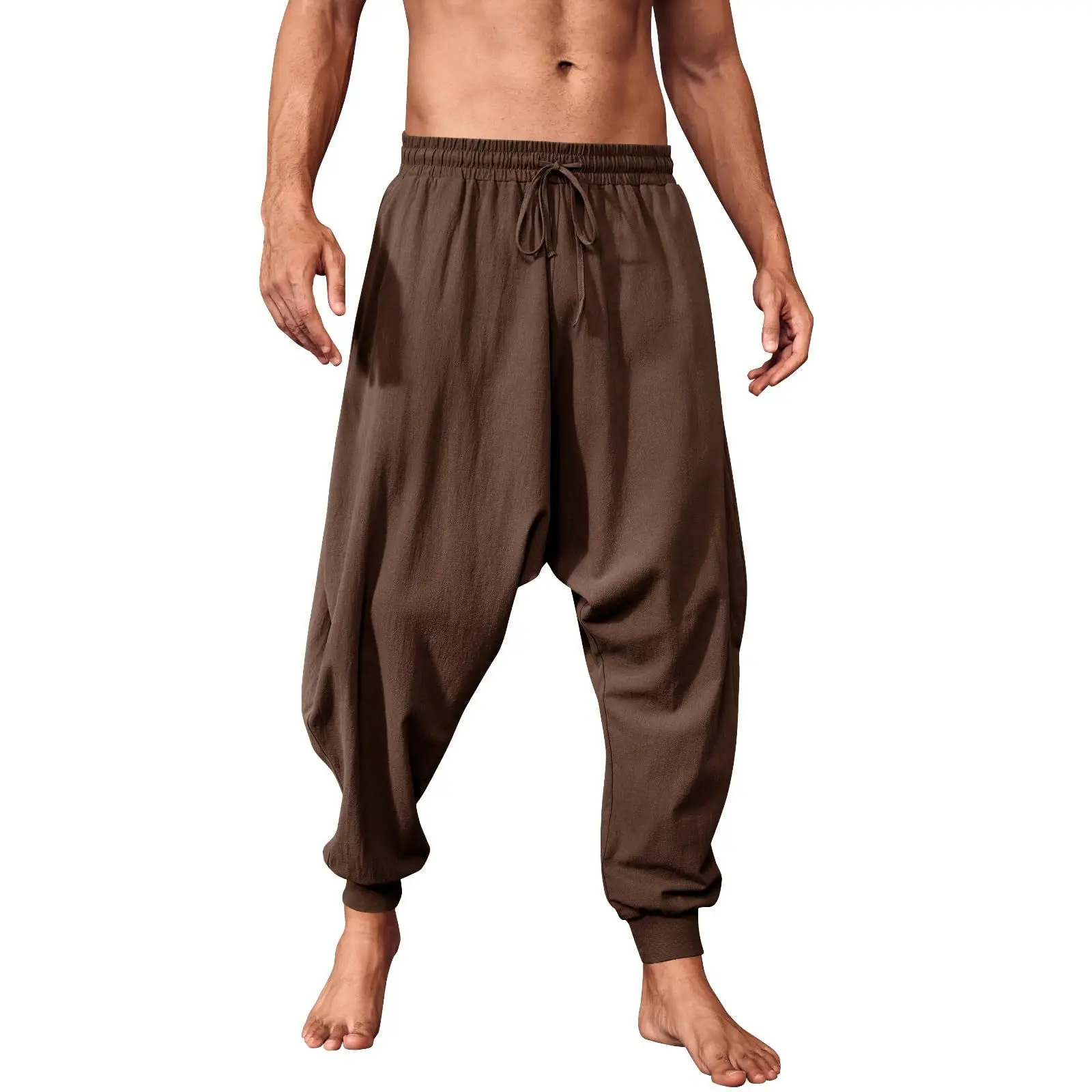 PASLTER Men's Pirate Cosplay Pants - Medieval Viking Costume Trousers, Renaissance Festival Hippie Simple Baggy Harem Pants, Linen-Cotton Fabric Casual Bottoms, Elastic