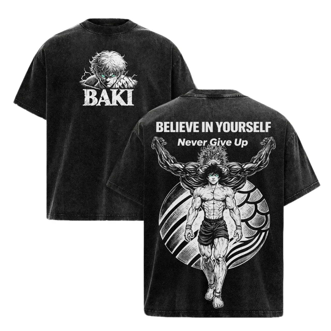 Baki Hanma Vintage Acid Wash Graphic T-Shirt Oversized Anime Gym Shirt Pump Cover Demon Back Workout Tee Men Streetwear Y2K Heavyweight Cotton Retro Fighting Grappler Apparel Motivational Fitness Clothing Casual Short Sleeve Top Never Give Up Gift