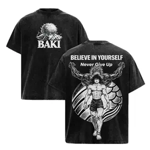 Baki Hanma Vintage Acid Wash Graphic T-Shirt Oversized Anime Gym Shirt Pump Cover Demon Back Workout Tee Men Streetwear Y2K Heavyweight Cotton Retro Fighting Grappler Apparel Motivational Fitness Clothing Casual Short Sleeve Top Never Give Up Gift