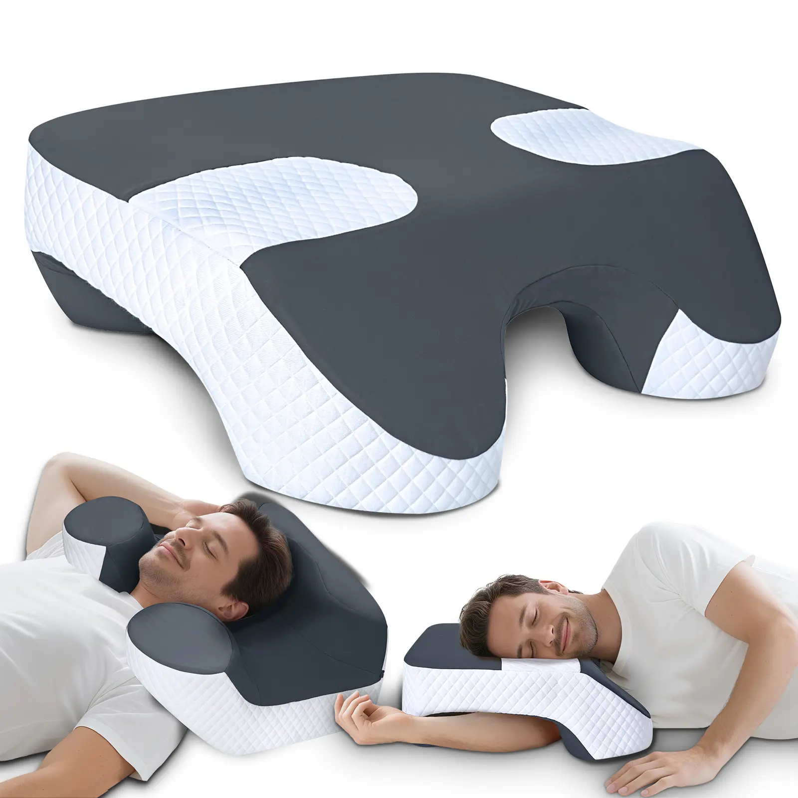 [Cooling Pillow] SAHEYER Deep Contoured Ergonomic Memory Foam Cervical Neck Pillows -3 Arm Holes, Deep contorred, Side Sleepers, Shoulder Pain Relief, CPAP Friendly, Moisture-Wicking Mesh Cover, Deep Sleep Bedding, Back to School
