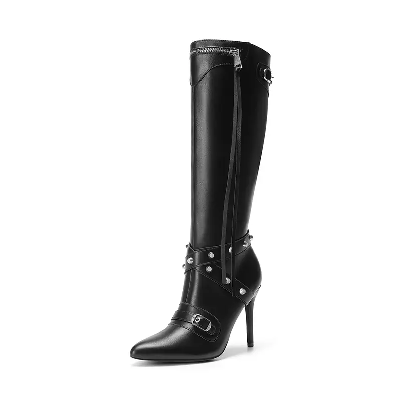 Dream Pairs Women's Stiletto Ankle Boots - Pointed Toe High Heels with Studded Cross Strap for Wedding, Party & Business, Design, Statement Shoes, Tpr Sole, Adjustable Strap, All Seasons, Footwear Fashion, Cross Straps, Knee-High