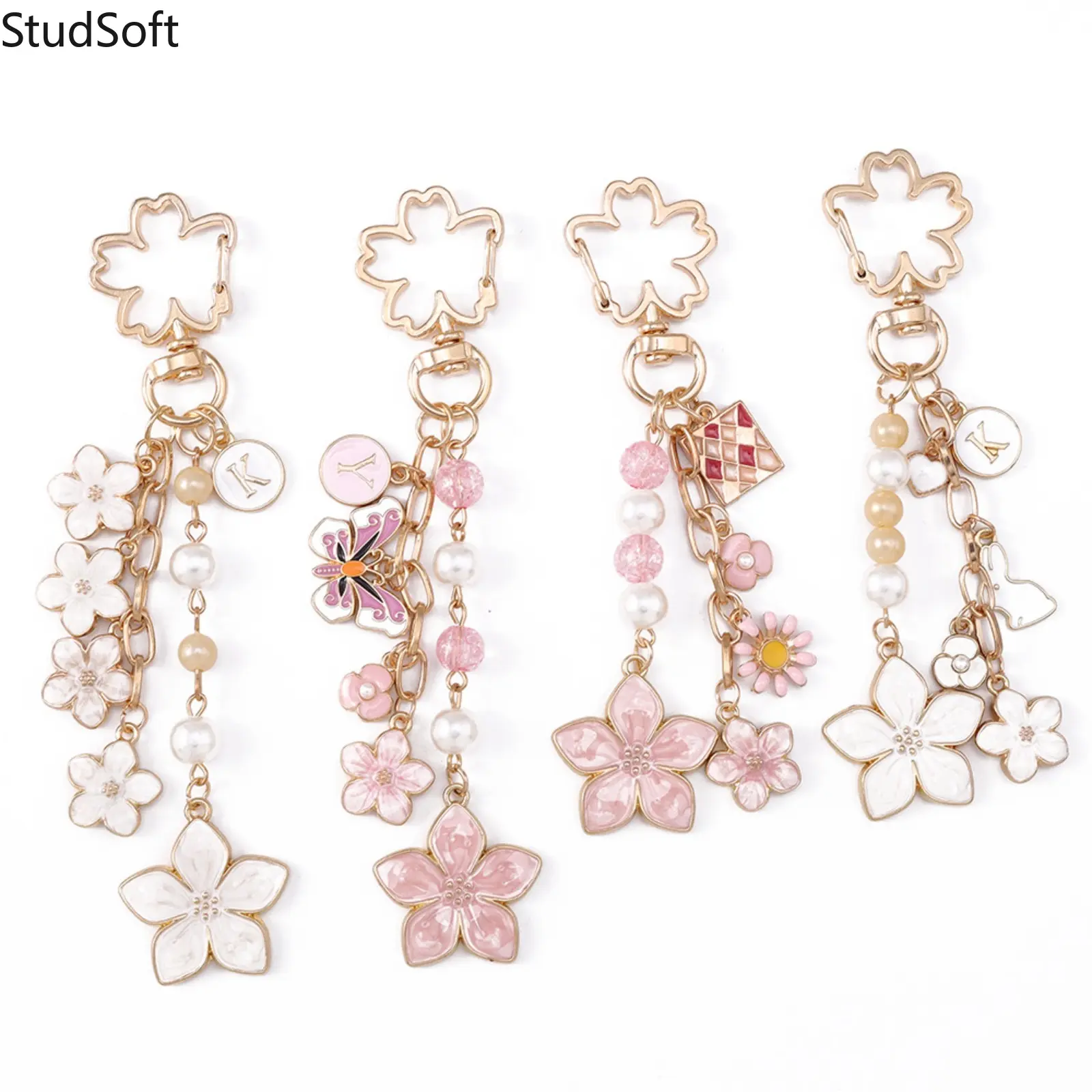 Cute Floral Keychain for Women with Butterfly and Cherry Blossom Charms, Stylish Bag Accessory for Backpacks and Purses, Key Chain Cute, Bag Charms, Purse Accessories, Casual, Flower Keychain, Keychains For Backpacks