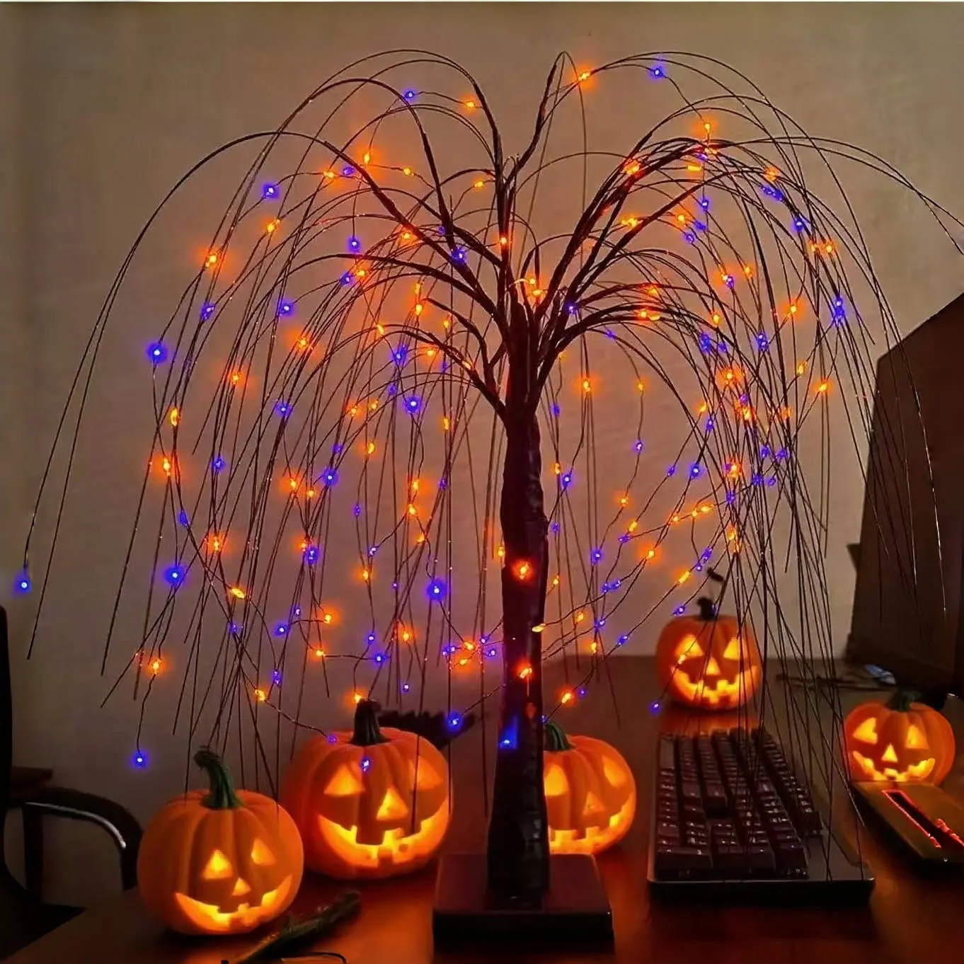 Halloween Willow Tree LED Lights - Spooky Purple & Orange Colorful Lights, Goth Ghost Decor, Halloween Aesthetic, Multiple Lighting Modes, USB/Battery-Powered Cordless, Indoor Lighting for Haunted House, 7-Day No-Reason Returns (Batteries Included Note)