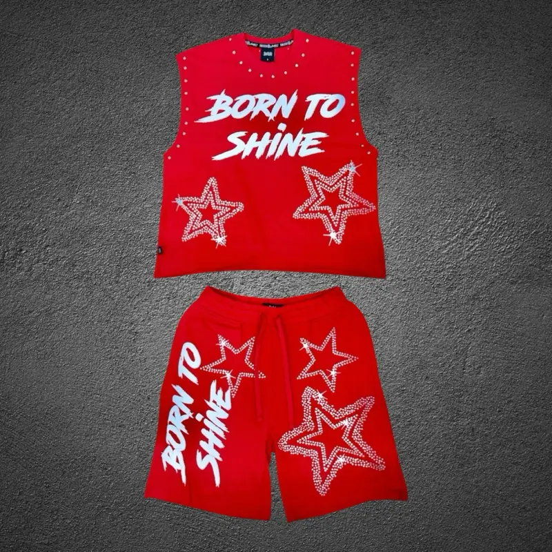 Born To Shine Red Rhinestone Short Set | Men’s Streetwear Outfit