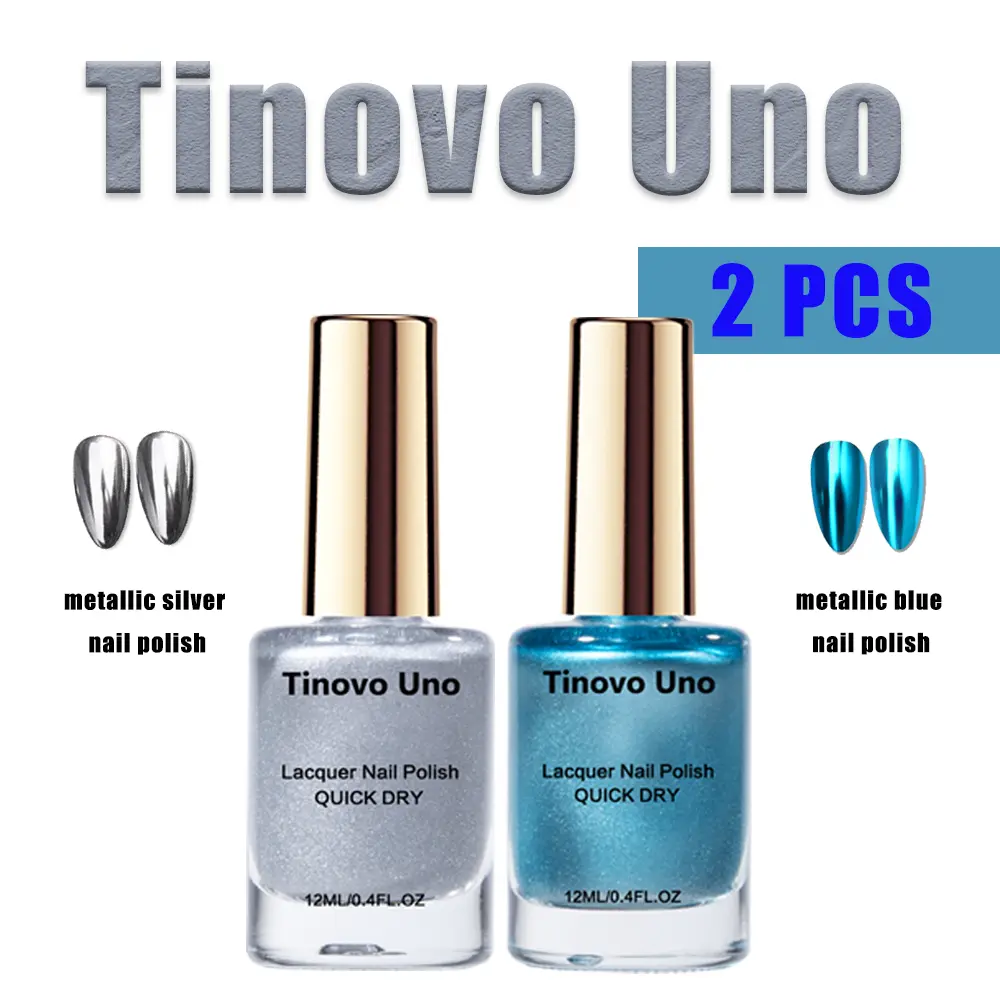 Tinovo Uno 2-Piece Metallic Blue Silver Nail Polish Set, 12ml Bottles (Total 24ml), Alcohol-Free, Quick Dry Chrome Finish, Keratin-Infused Cosmetic for Adult Manicure with Bling Effect, Tu-Np-005-4