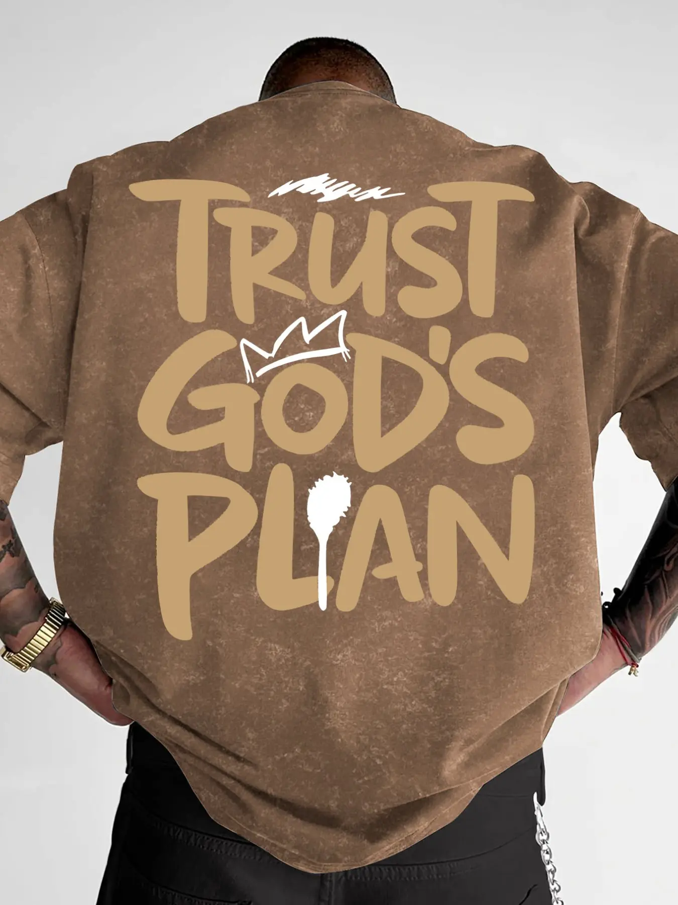 Men's Washed Vintage T-Shirt, "Trust God's Plan" Print Oversized Tee, Christian Streetwear Casual Top #ChristianTee #TrustGodsPlan #WashedVintageShirt #FaithStreetwear #TikTokMadeMeBuyIt