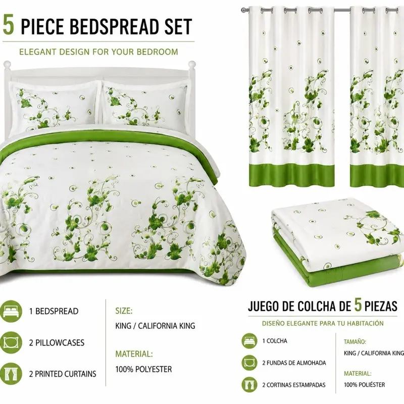 5-Piece Bedspread Set with Matching Curtains – Green Floral Vine Design | King / California King /  Juego de Colcha 5 Piezas con Cortinas Incluidas – Diseño Floral Verde Elegante | King / California King