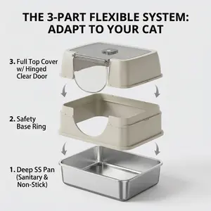 Premium Stainless Steel Modular Litter Box (23.6in x 13.8in x 13.8in) - Antibacterial, Non-Stick, Flip-Top Lid, Odor Control, Hygienic, Minimalist Design, Beige Finish for Outdoor Use, Stainless Steel Litter Box