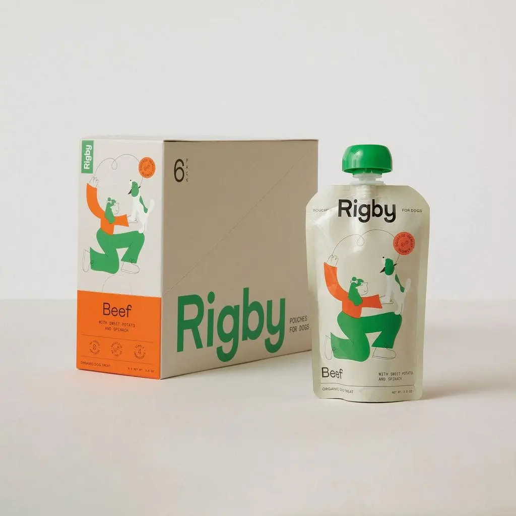 Rigby Organic Beef Squeeze Pouch Treat For Dogs - 6 Pack - Low Calorie Snack with Sweet Potato & Spinach - High Protein Healthy Snack for Training Meal Topping & On-The-Go Adventures