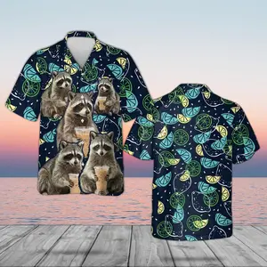 Funny Raccoon Iced Coffee Hawaiian Shirt, Trash Panda Summer Tropical Button Down, Sarcastic Raccoon and Lime Print Party Shirt