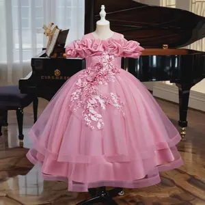 Girls Tiered Tulle Ball Gown with Cloud Neckline Floral Embroidery Adjustable Straps for Flower Girl Wedding Graduation