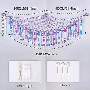 Stuffed Net Hammock with LED Light Hanging Storage Organizer for Girls Room Decor Purple XL Modern Design