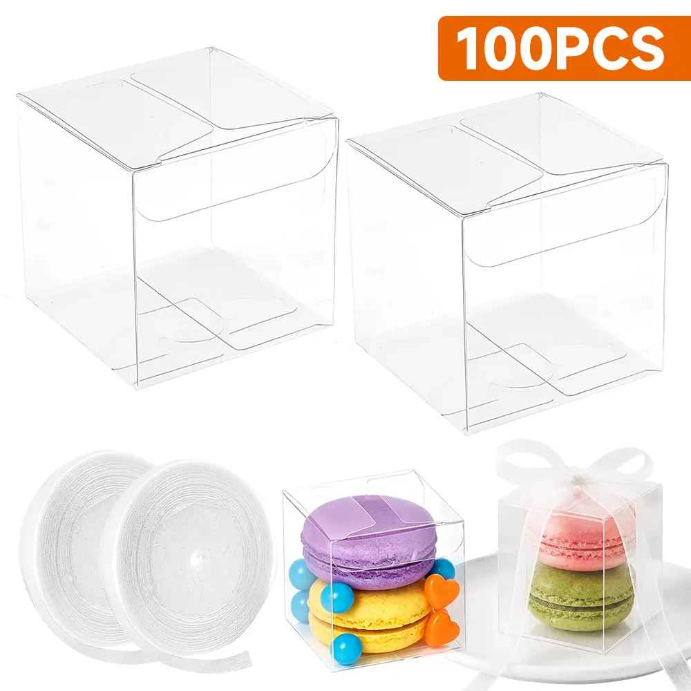 100Pcs 2x2x2 In Transparent PET Mini Boxes with Lids & 2 Gift Ribbons, Plastic Party Favor/Candy Boxes for Wedding Favors - Home Improvement Building Supplies