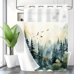 LVRLVR 1pc Watercolor Misty Forest Landscape Shower Curtain with Sheer Top Window, Detachable Liner & No Hook C-Ring, 70.8" x 74"