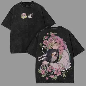 Kawaii Anime Couple Washed T-Shirt – Cute Anime Graphic Tee, Vintage Washed Streetwear, Unisex Otaku Fan Gift