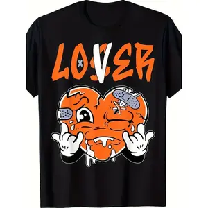 Men's Retro Streetwear T-Shirt – "Lover" Orange Heart Graphic, Black 100% Cotton Tee, Soft Breathable Hip Hop Style Summer Top, Casual Aesthetic Look