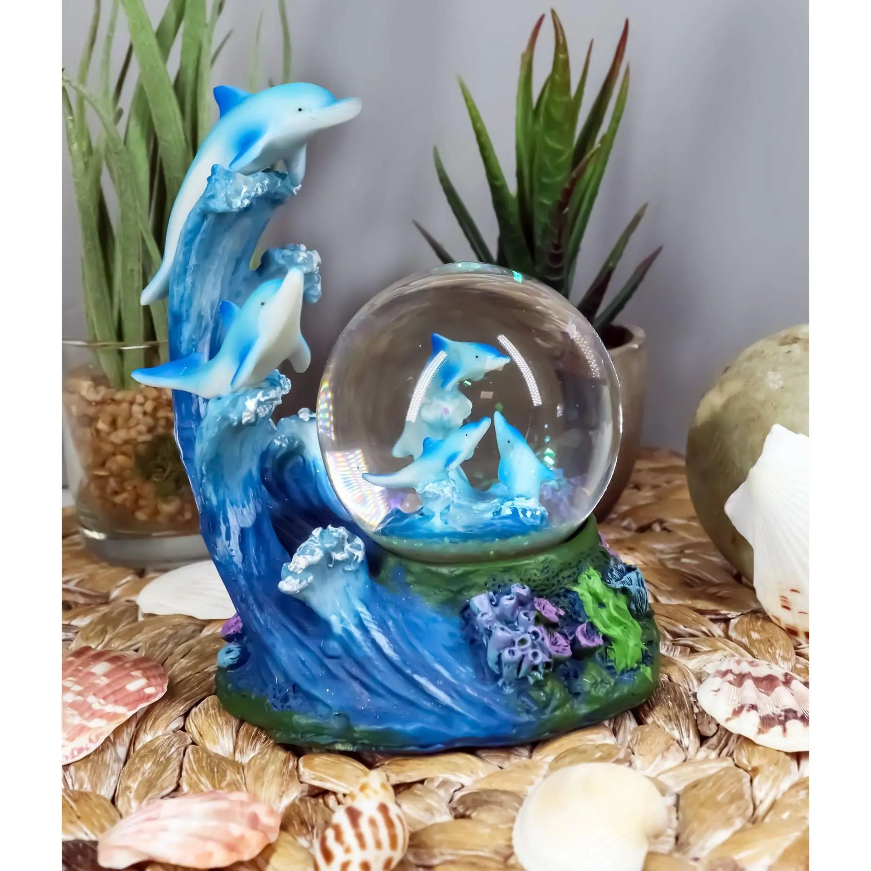 15-oz Resin Nautical Marine Dolphin Family With Rising Waves Snow Glass Water Globe Figurine, Home & Office Decoration, Figurines & Miniatures Home Decor Accent