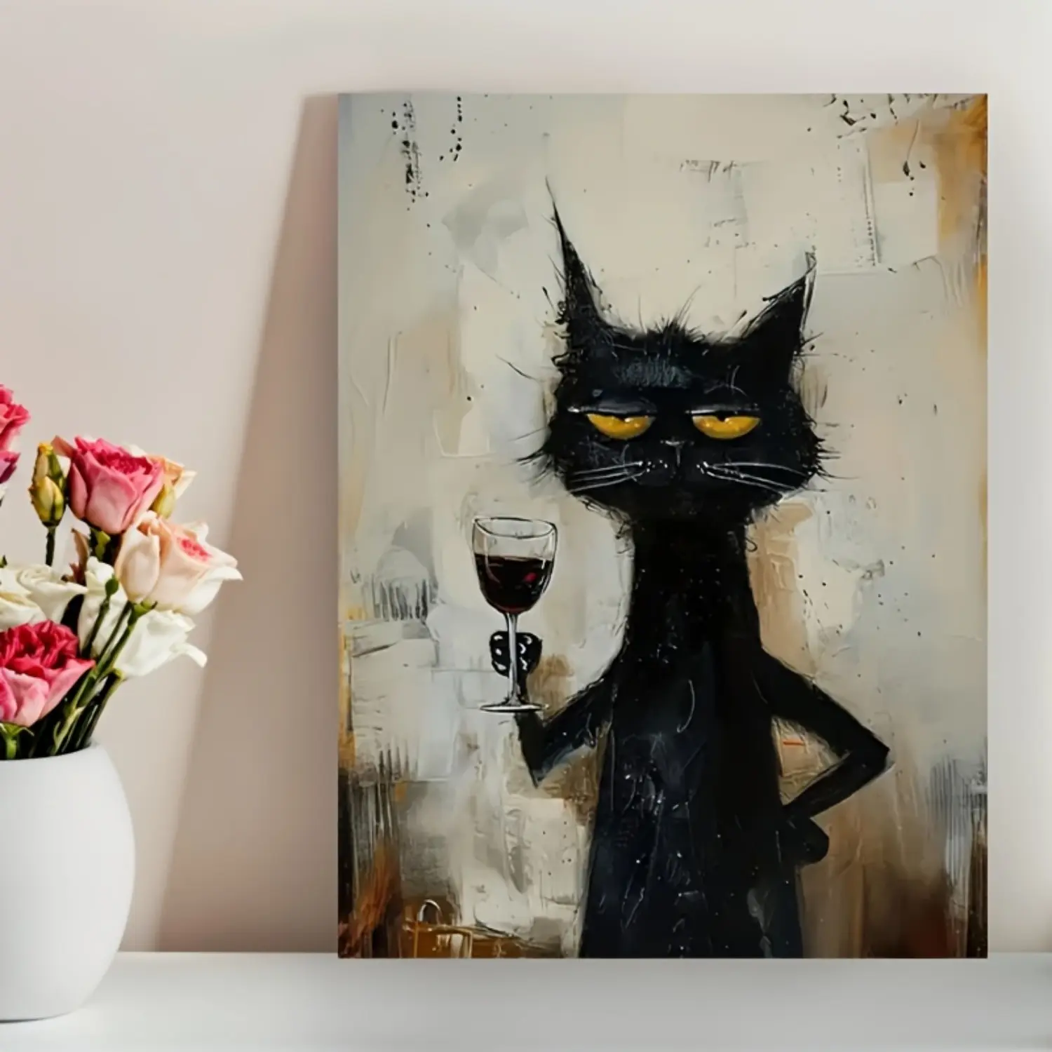 Multi-Size 1-Piece Animal Theme Cartoon Wood-Frame Black Cat Art Print - Unique Minimalist Chic Artistic Modern Cool Design Inspirational Wall Art, Durable Home Decor, Wall & Wardrobe Accent, Perfect Living Room Gift